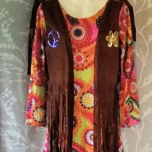 Hippie (M) Fringed Flower Child Adult Costume Outfit - Picture 2 of 10
